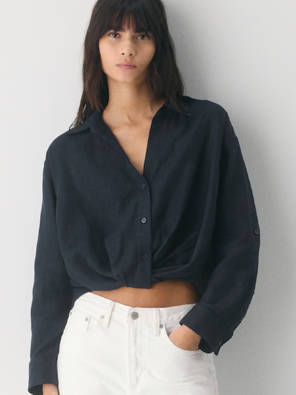 Aritzia Portofino Admiral Navy Button-Front Cropped Blouse